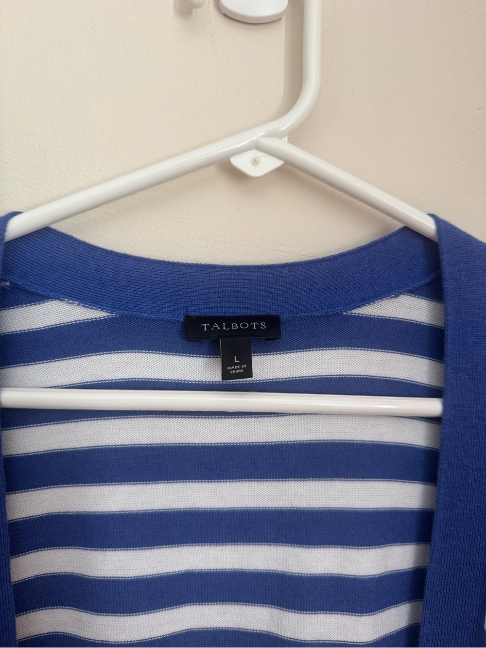 Talbots Natalie Stripe Cardigan Women’s Size Large Blue White Pom Pom Trim - Picture 4 of 5